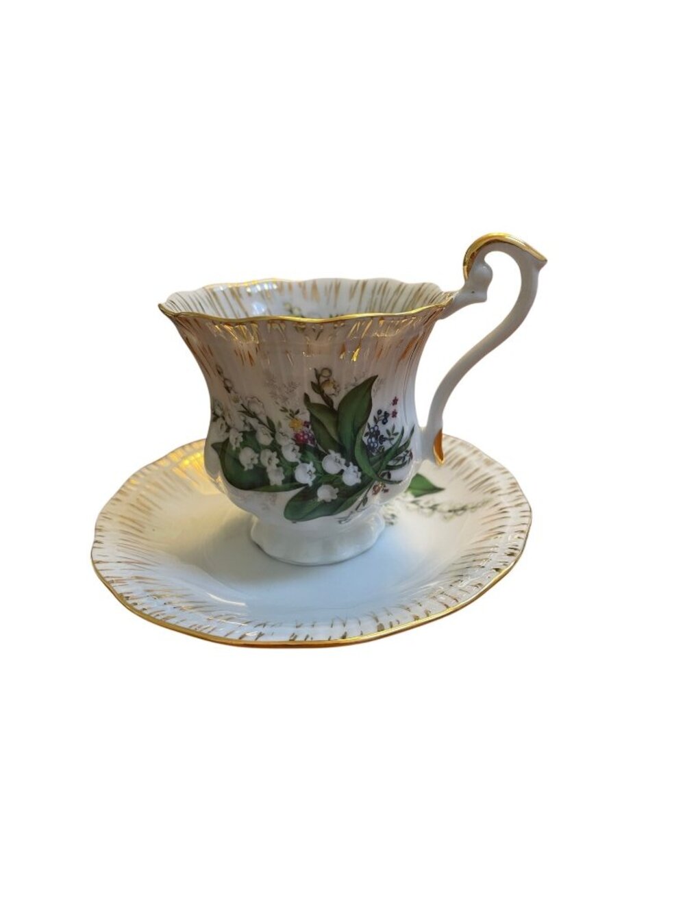 K&M Czech Republic Lily Valley 5pc Tea Set Cup 2 Saucers 2 Plates Gold